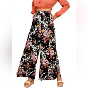 Free People Intimately Late Night Black Floral Print Wide Leg Pants  M